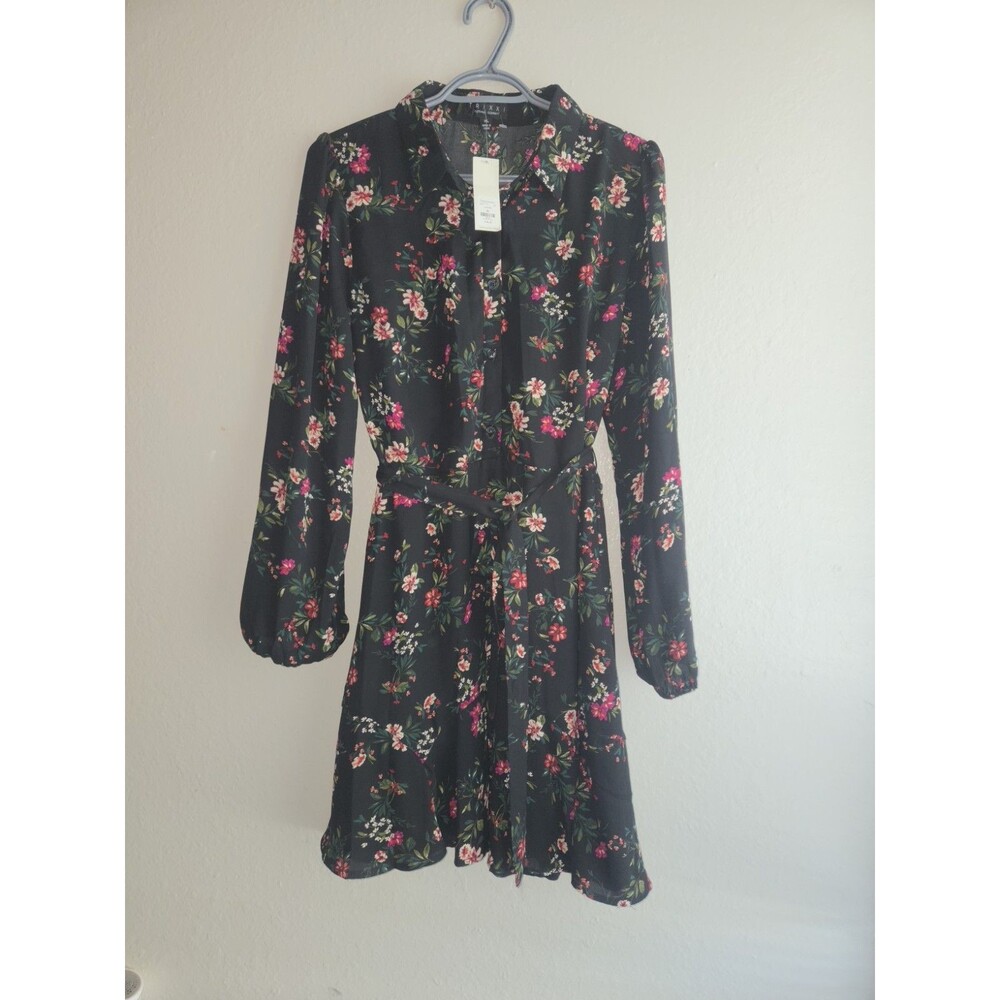 NWT Francesca's Trixxi Floral Long Sleeve Shirt Dress Belted Black XL